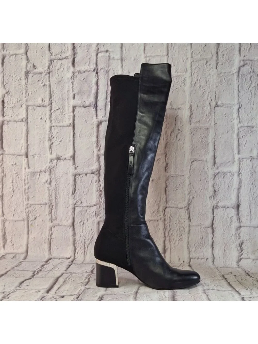 DKNY Over The Knee Boots Womens Size 7M Black Leather & Textile With Block Heel